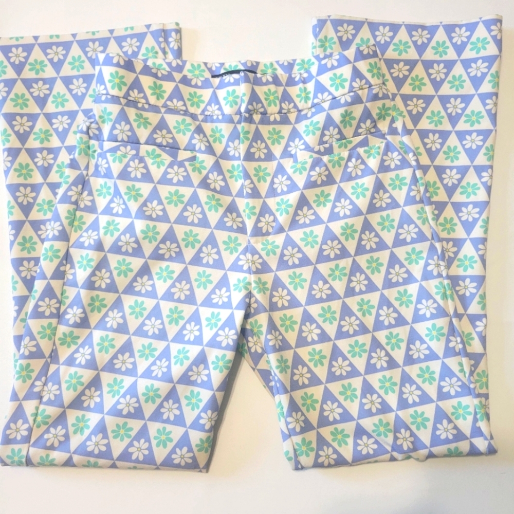 Zara Flower Power Print Flare Pants XS Retro Mod Hippie Flower Child Festival
